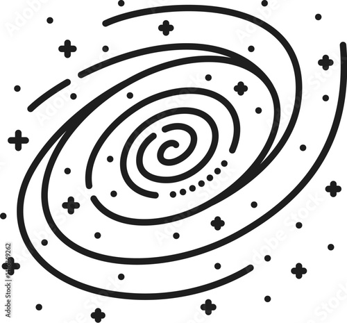 Line space icon of a swirling galaxy with spiral arms and scattered stars. Vector monochrome linear symbol represents stellar cosmic exploration, space travel, astronomy, and the vast universe