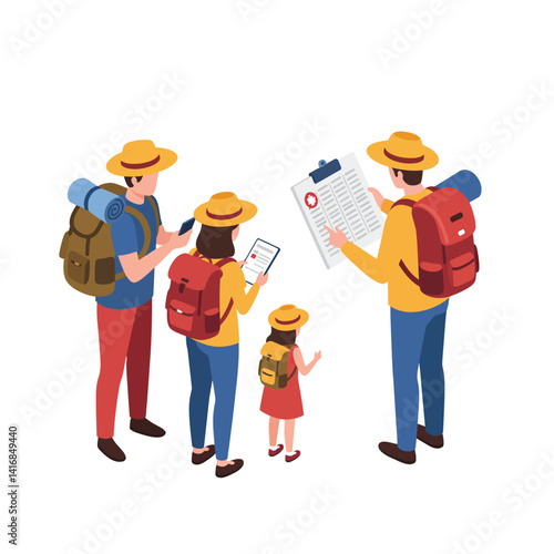 Group of four hikers in casual clothing with backpacks and hats checking map and mobile devices in flat design vector illustration