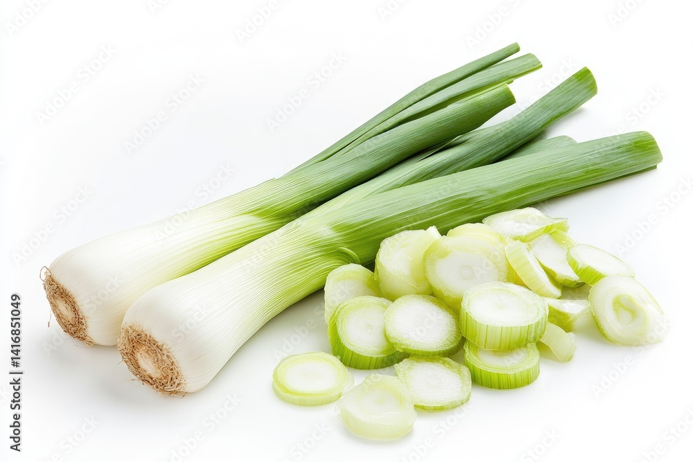 Two whole green onions and a pile of sliced green onions on a white background Two whole green onions and a pile of sliced green onions on a white background