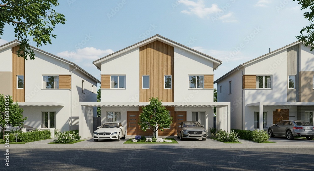 3D Rendered of Exterior view of modern, stylish homes in a residential development with cars parked in front. Perfect for showcasing property sales, investment opportunities, and new construction 3D Rendered of Exterior view of modern, stylish homes in a residential development with cars parked in front. Perfect for showcasing property sales, investment opportunities, and new construction