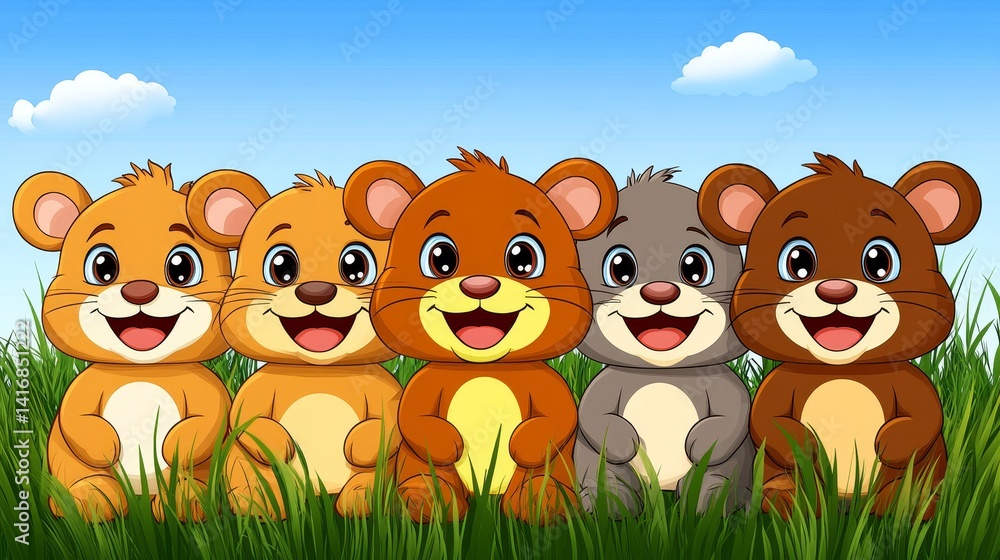 Naklejka premium Delightfulcartoonillustrationofgroupoffiveanimatedbearsstandinginmeadowgrassunderblueskydesignperfectforchildrenscontentorwildlifethemedprojects