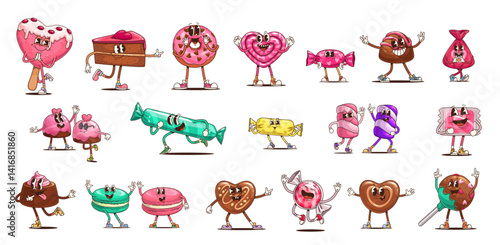 Retro groovy candy and sweets characters, vector pastry and confectionery food. Cartoon funny psychedelic chocolate cake, candy and cookie personages. Groovy hippie lollipop, marshmallow and donut