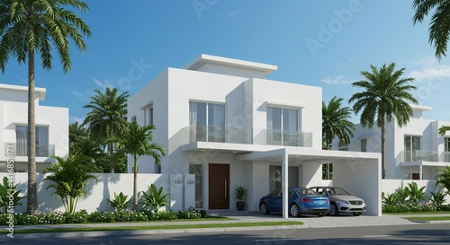 3D Rendred of Stylish, minimalist white villa House with clean lines and a parked car, set in a tropical environment with palm trees. Perfect for showcasing modern home design