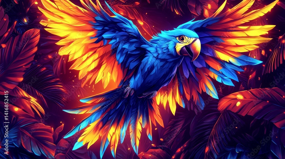 Obraz premium Luminous avian wonder art featuring vivid parrot with radiant plumage in dynamic flight against a lush jungle backdrop with an artistic flair