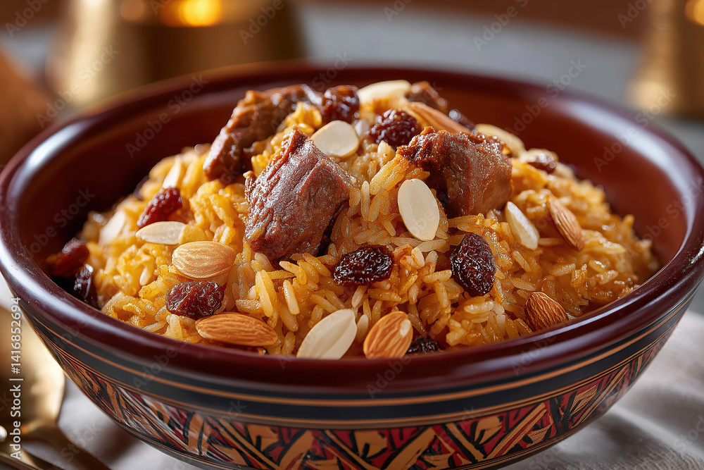 This mouthwatering photo captures a traditional Saudi Kabsa, a celebrated rice dish infused with aromatic spices, tender lamb chunks, toasted almonds, and sweet raisins This mouthwatering photo captures a traditional Saudi Kabsa, a celebrated rice dish infused with aromatic spices, tender lamb chunks, toasted almonds, and sweet raisins
