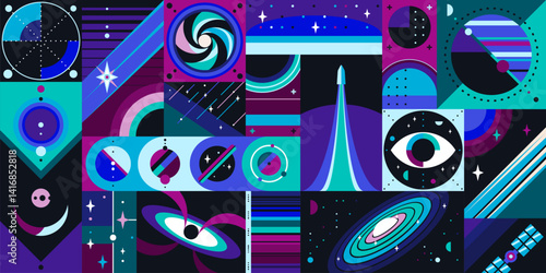 Geometric galaxy space and planets pattern. Vector abstract outer space background with stars, galaxies, rocket, cosmic constellations with bold shapes and vibrant hues of blue, purple, teal and black