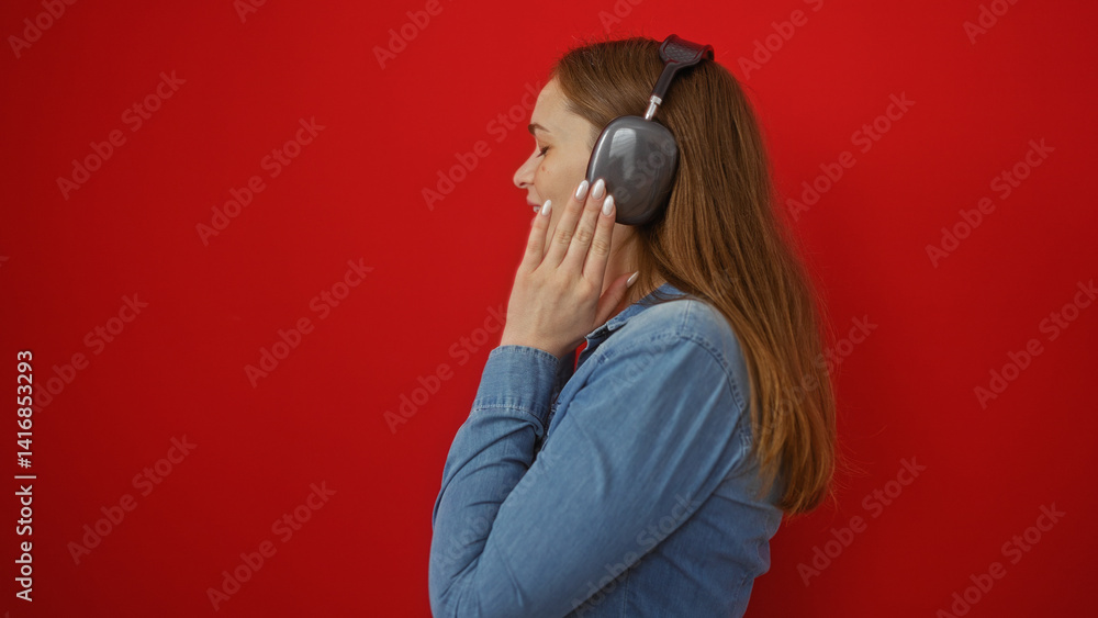 Obraz premium Young woman wearing headphones smiles isolated against vibrant red background, showcasing modern lifestyle and technology enjoyment.