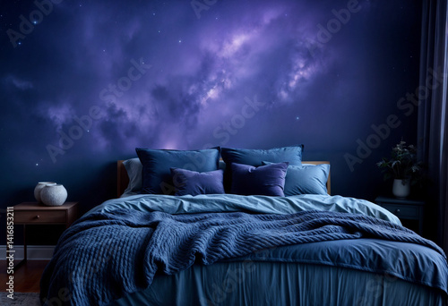 Cozy Bedroom with Deep Blue Bedding and Starry Galaxy Wall Mural