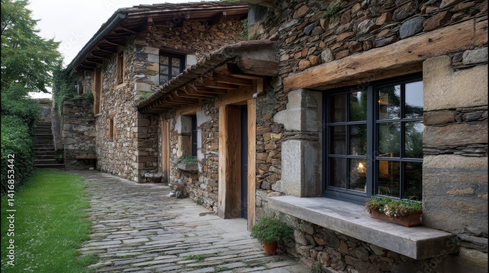 Rustic stone farmhouse exterior with a cobblestone path. Rustic stone farmhouse exterior with a cobblestone path.