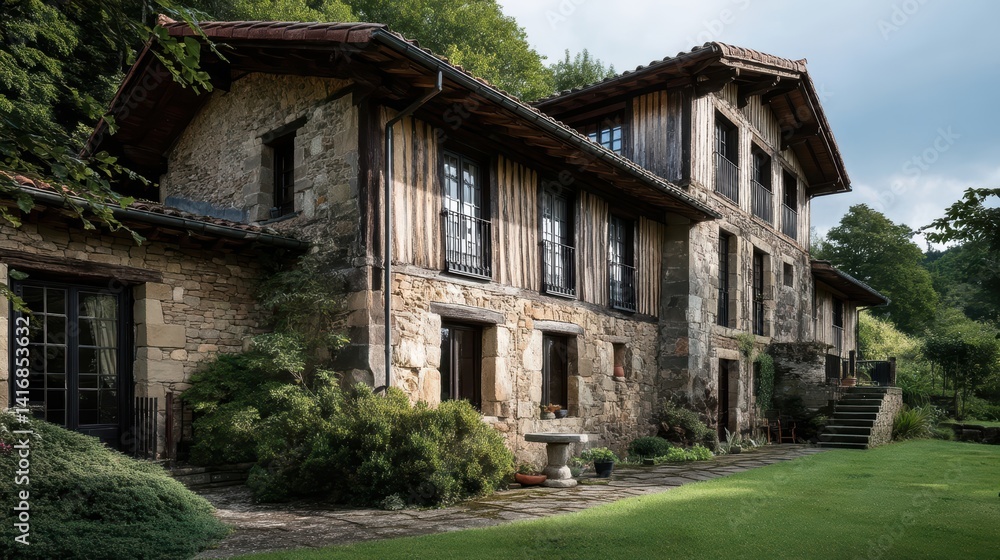 Rustic stone farmhouse nestled amongst lush greenery.