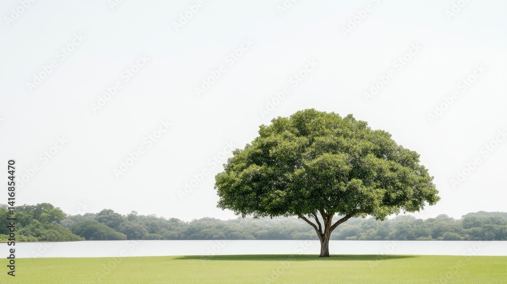 Obraz premium Solitary tree by a serene lake. Lush greenery, tranquil scene