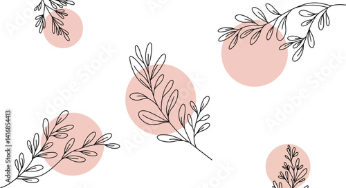 Delicate black line floral branches with soft pink circles minimalist decorative flat vector illustration