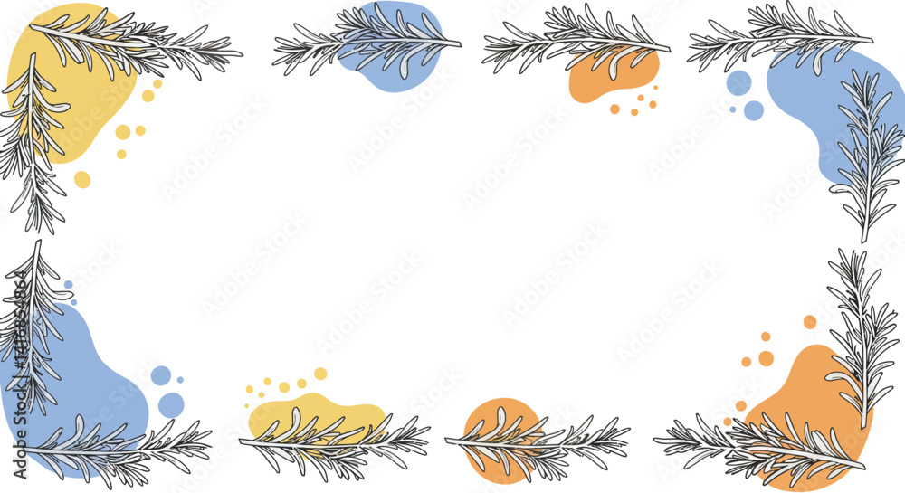 Fototapeta premium Delicate floral border with black leaf branches and pastel blue orange yellow abstract shapes minimal design vector illustration