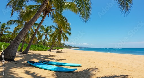 Fototapeta Naklejka Na Ścianę i Meble -  surfing board on the beach with palm