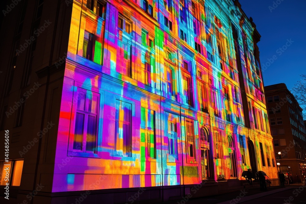 Fototapeta premium A building transforms with vibrant light projections painting its surface in dazzling color and dynamic motion