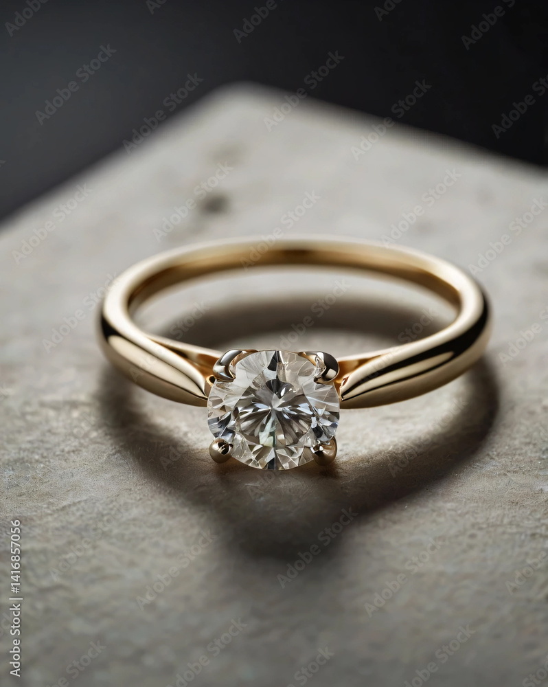 An elegant diamond engagement ring with a prominent solitaire, set on a slender gold band. An elegant diamond engagement ring with a prominent solitaire, set on a slender gold band.