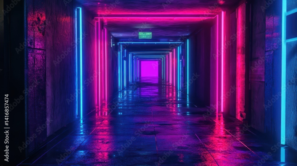 Fototapeta premium Neon-lit corridor, futuristic building, reflective floor, vibrant colors, background use