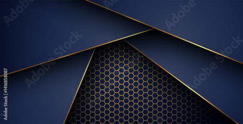 luxurious dark navy gold line overlap background with hexagon mesh pattern combination. elegant modern technology futuristic background. eps10 vector