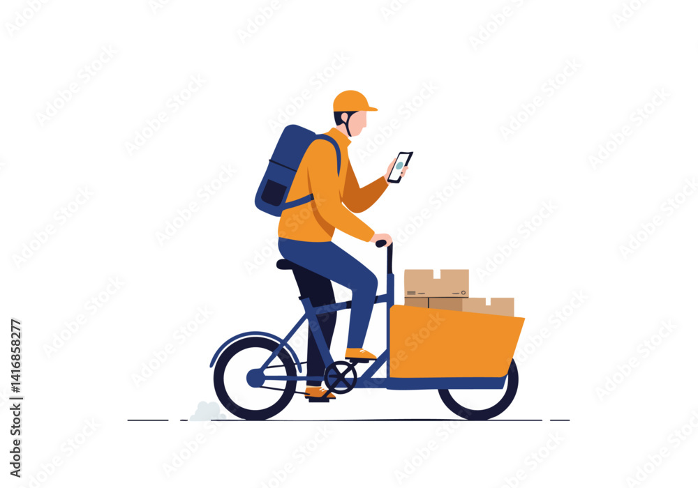Delivery cyclist navigates city streets. Orange uniform, backpack, and cargo bike create a vibrant, modern delivery scene. Ideal for logistics concepts. Delivery cyclist navigates city streets. Orange uniform, backpack, and cargo bike create a vibrant, modern delivery scene. Ideal for logistics concepts.