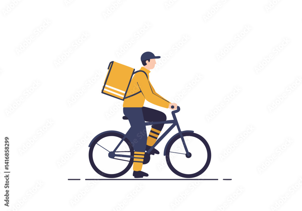 Fototapeta premium Delivery cyclist rides a bicycle, carrying a yellow package. Flat vector illustration, ideal for food delivery, courier services, or urban lifestyle concepts.