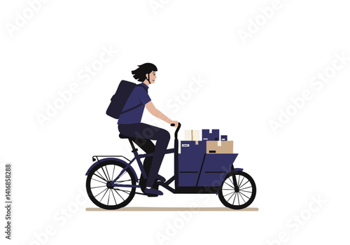 A delivery cyclist rides a cargo bike loaded with packages. Modern vector illustration, ideal for concepts of delivery, logistics, and urban transport.