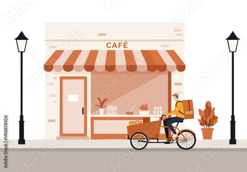 A delivery person on a cargo bike stops outside a charming caf?. Warm tones and a classic awning create a cozy, inviting scene. Perfect for lifestyle or business visuals.