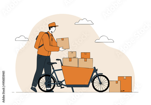 Delivery person on bicycle transports packages. Orange uniform, simple background. Ideal for concepts of logistics, delivery, and urban transport.