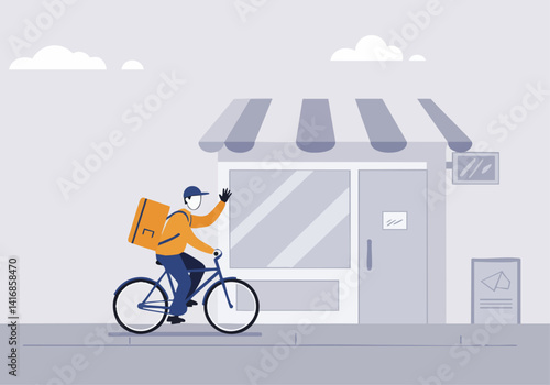 Delivery person on a bicycle waves near a storefront. Modern, clean illustration depicts a contactless delivery service. Ideal for business, logistics, and urban themes.