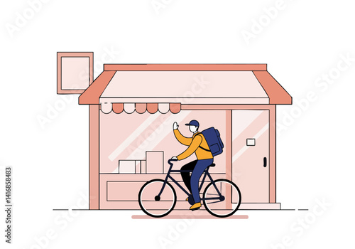 Delivery person on a bicycle arrives at a storefront. Modern illustration, clean lines, and a cheerful vibe. Perfect for delivery services and small business concepts.