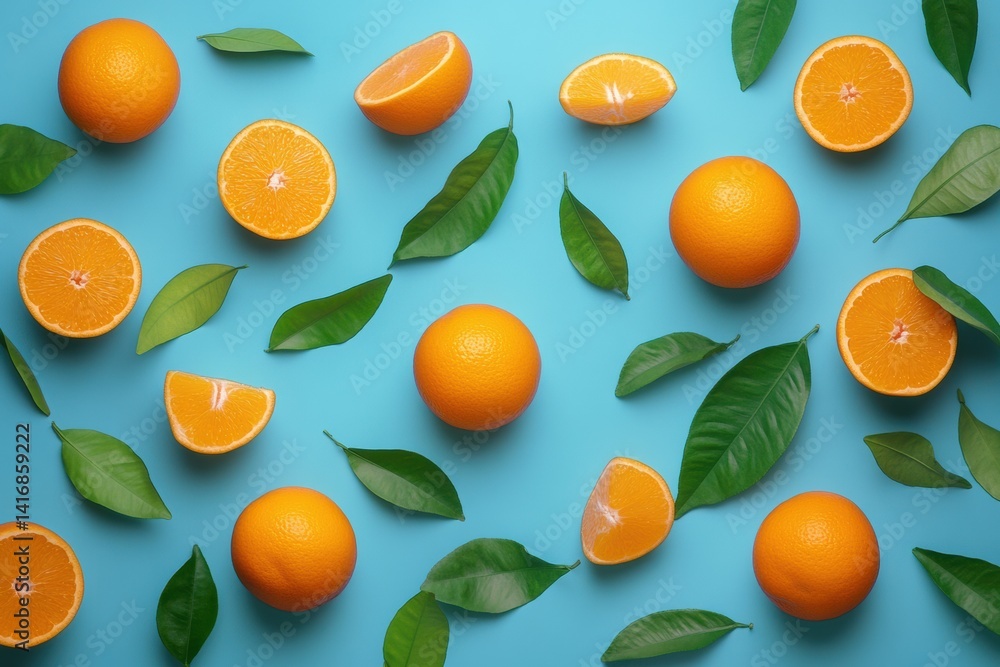 Obraz premium Fresh oranges and green leaves on a vibrant blue background