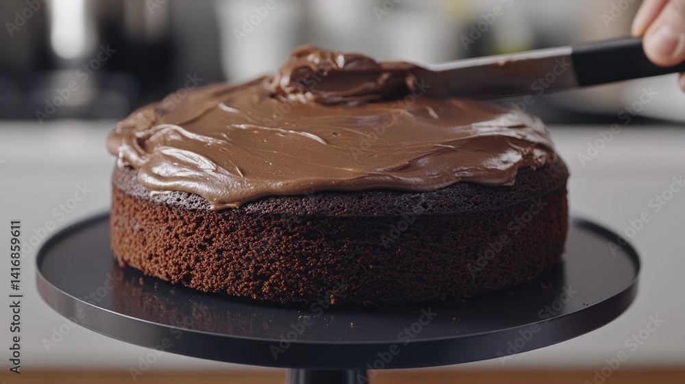 Chocolate cake being frosted with spatula in natural light