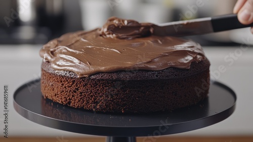 Chocolate cake being frosted with spatula in natural light