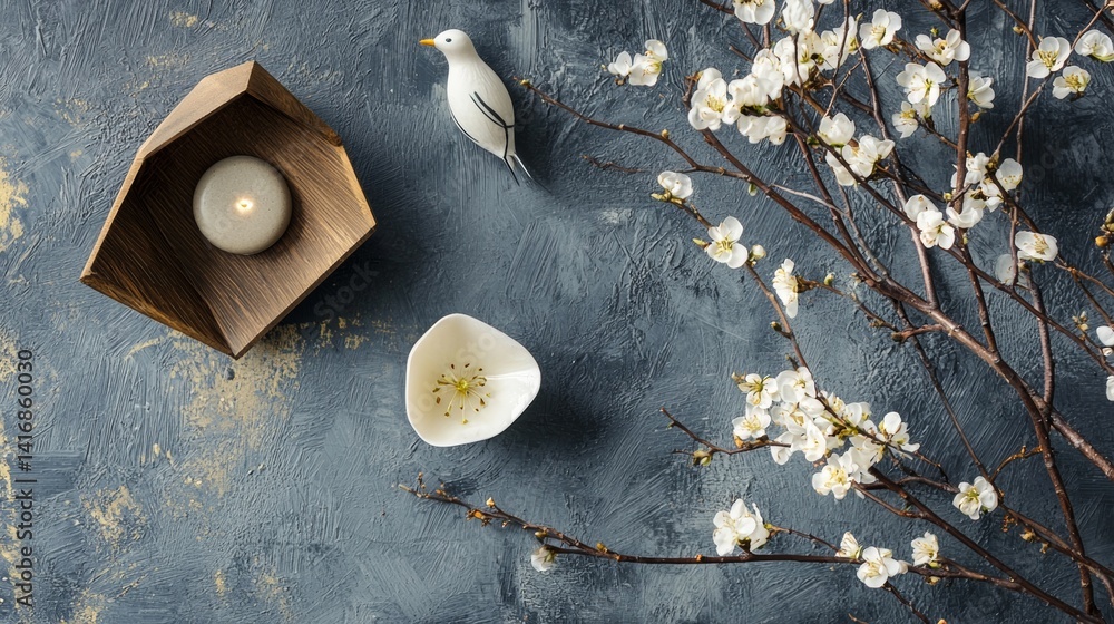 Obraz premium Minimalist tea set with blooming branch on gray surface