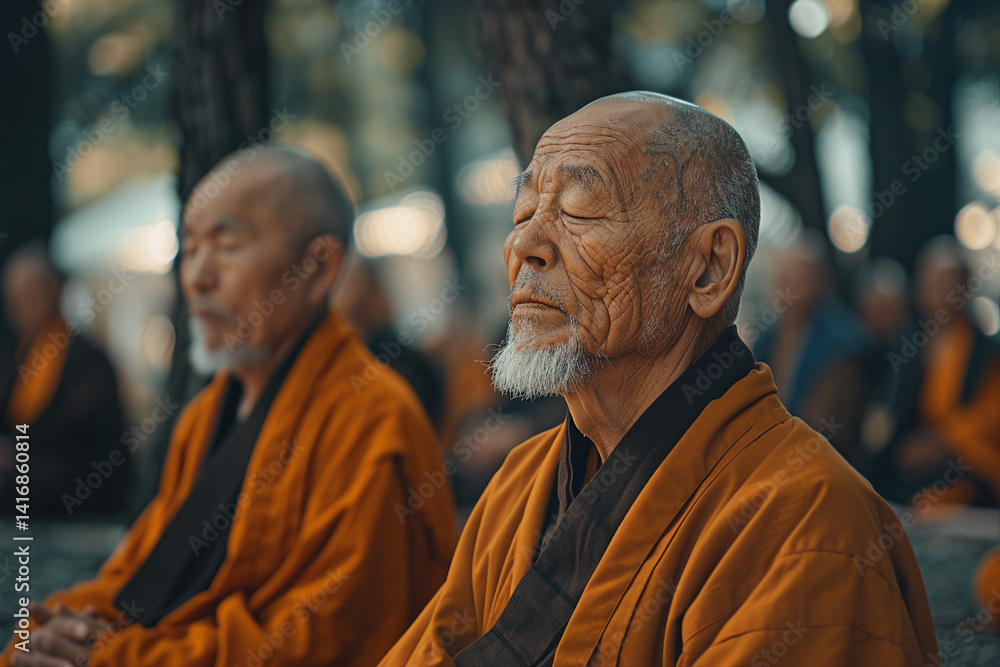 Naklejka premium Buddhism concept Generative AI picture with people doing yoga in nature feel connection with buddha