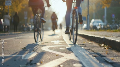 Low angle shot of cyclists riding in dedicated bike lane during golden hour