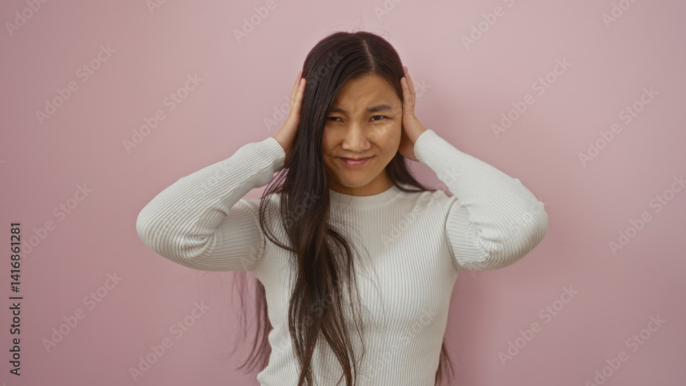 Fototapeta premium Woman holding her head with a concerned expression against a pink wall background, showcasing emotion and feminine beauty in a simple, isolated setting.