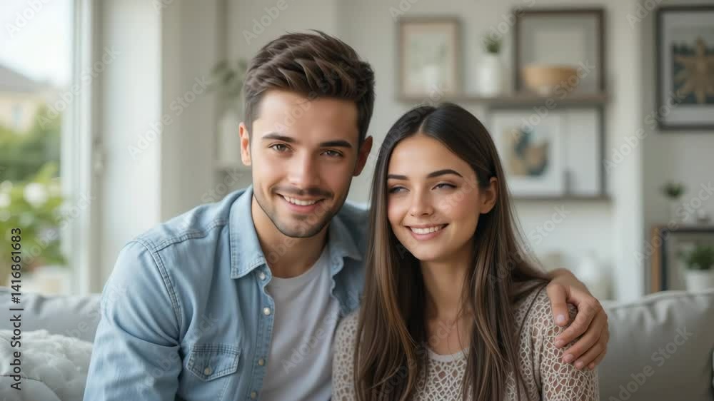 Happy Couple Smiling Together on Sofa at Home Happy Couple Smiling Together on Sofa at Home