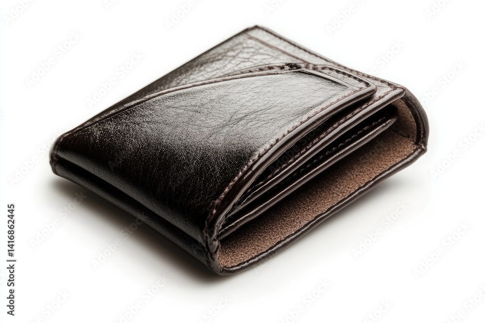 A closed brown leather wallet with a folded design, showing the inside lining A closed brown leather wallet with a folded design, showing the inside lining