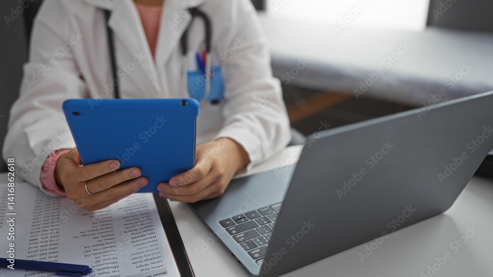Female doctor using tablet in clinic room with stethoscope nearby, managing records on laptop at workplace emphasizing healthcare and technology integration.