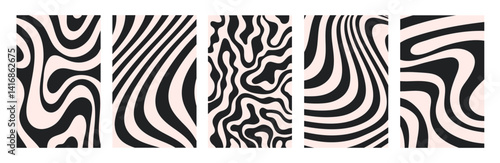 Abstract set vertical backgrounds with dynamic waves. Trendy vector illustration in style retro 60s, 70s.	Beige and black colors
