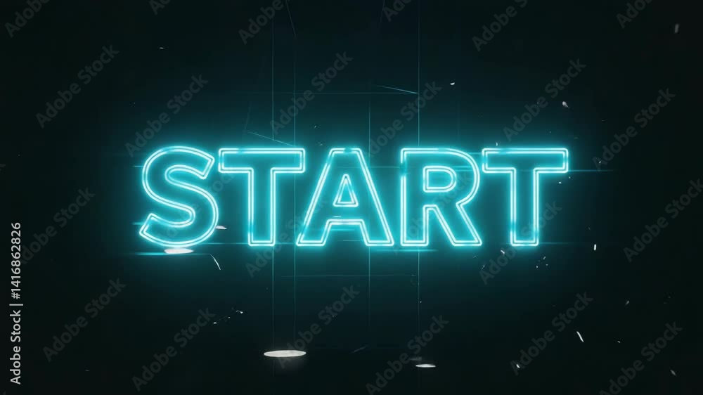 Dynamic START Text with Neon Blue Glow and Futuristic Streaks on a Dark Background. Start neon text animation on black background.