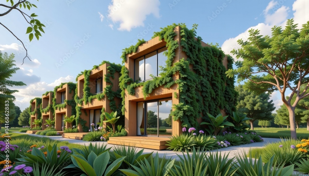 Fototapeta premium Modern eco-friendly buildings surrounded by lush greenery and vibrant plants.