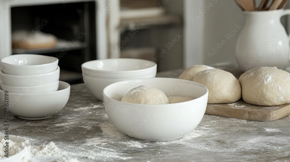 Minimalist baking station with mixing bowls, dough, and oven Minimalist baking station with mixing bowls, dough, and oven