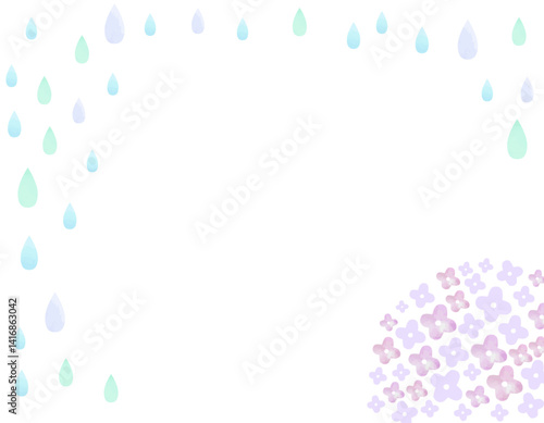 梅雨イメージ　紫陽花と雨の雫のフレーム　1
