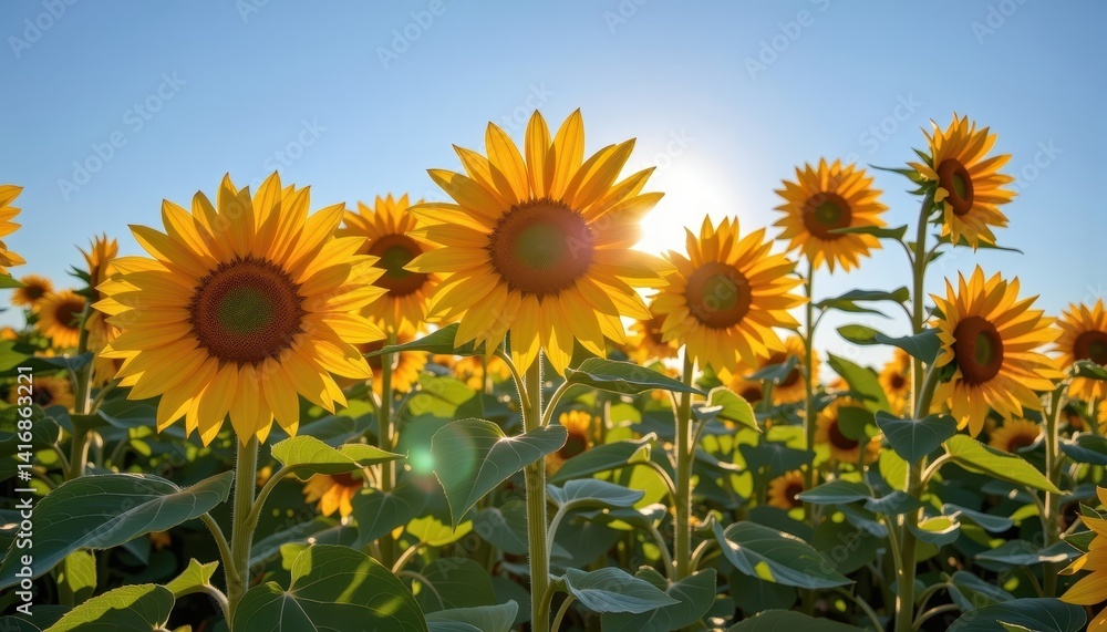 Fototapeta premium Sunflowers basking in sunlight against a clear blue sky.