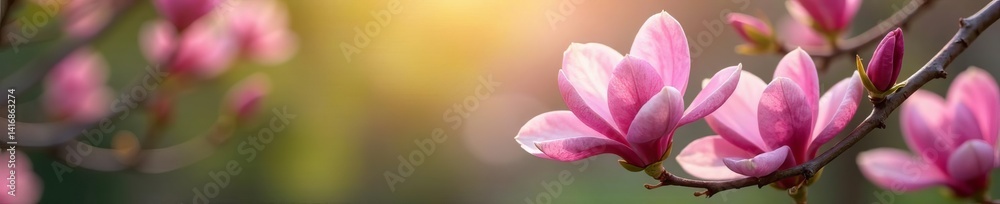 Obraz premium Vibrant magnolia flowers blooming in picturesque spring garden setting, season, blossoms, peaceful