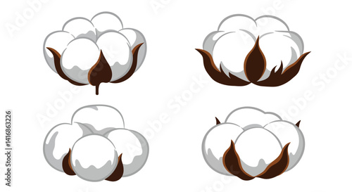 White cotton plant bolls with brown stems in simplified flat design isolated on white background vector illustration