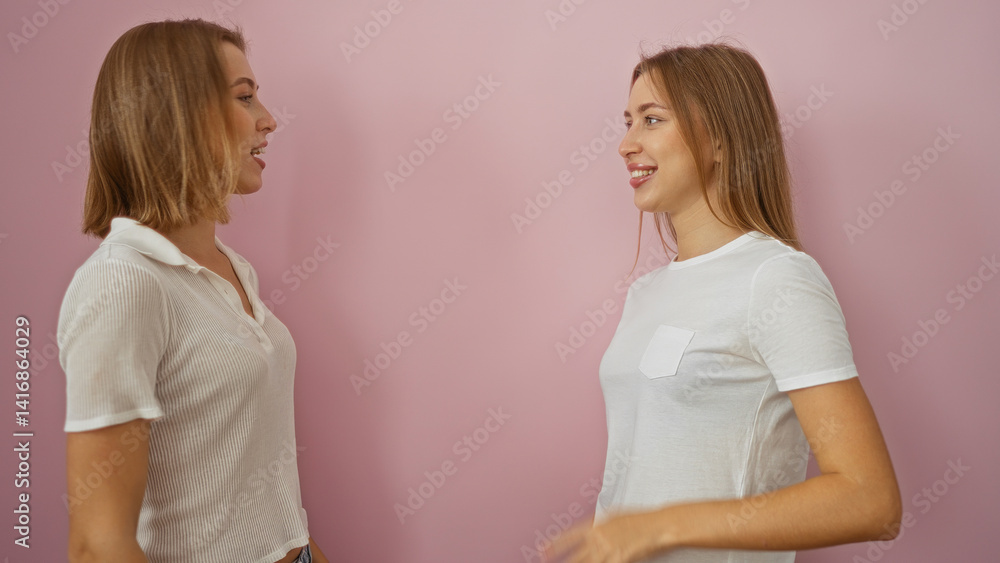 Two blonde women smiling at each other against a pink wall, showcasing sisterly love and family bond in an isolated setting. Two blonde women smiling at each other against a pink wall, showcasing sisterly love and family bond in an isolated setting.