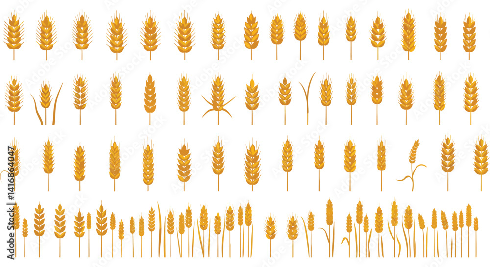 Various golden wheat ear illustrations in flat design style showcasing diverse shapes and stages in agriculture vector art Various golden wheat ear illustrations in flat design style showcasing diverse shapes and stages in agriculture vector art