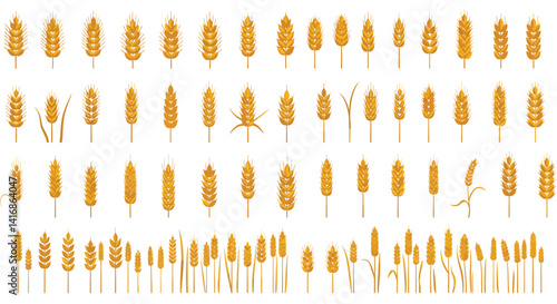 Various golden wheat ear illustrations in flat design style showcasing diverse shapes and stages in agriculture vector art